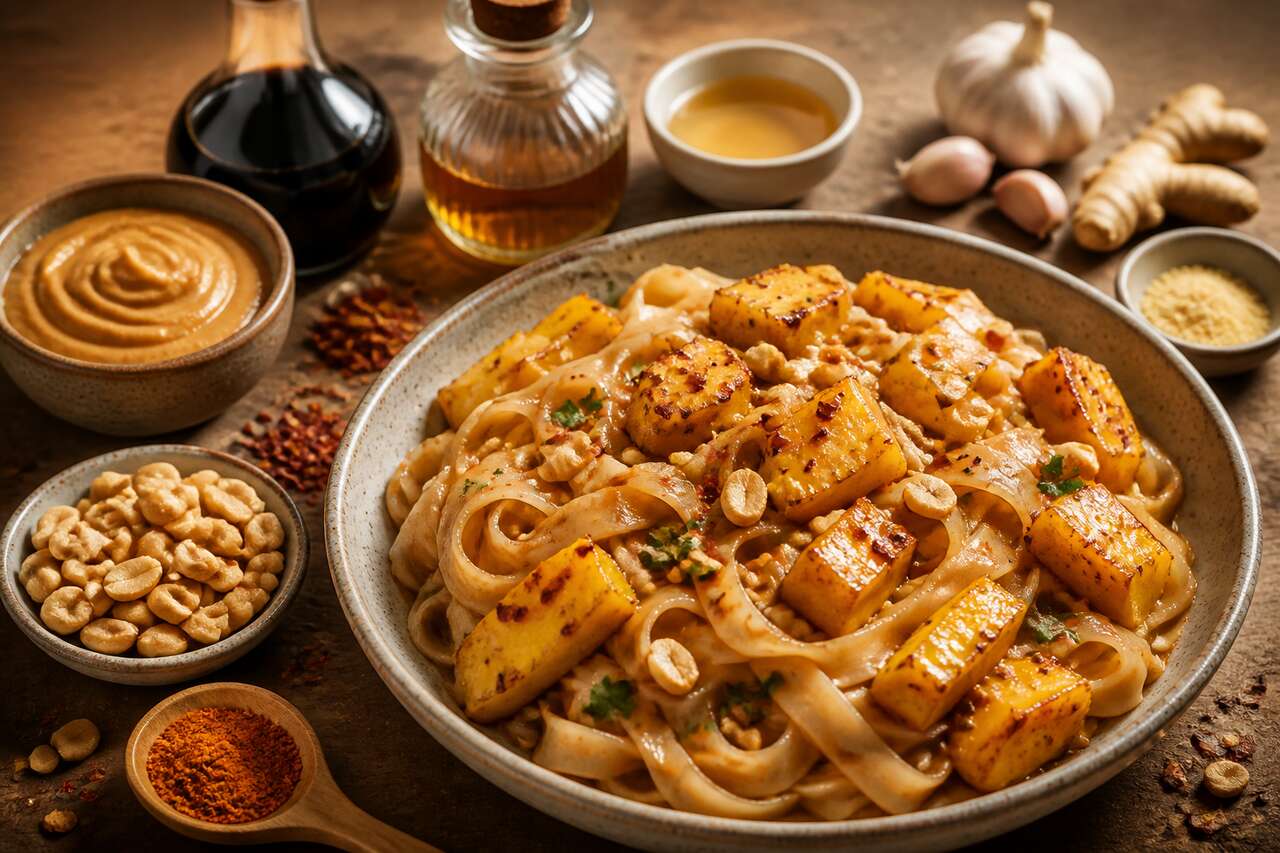 Nouilles sautées : sauce cacahuète et mangue caramélisée
