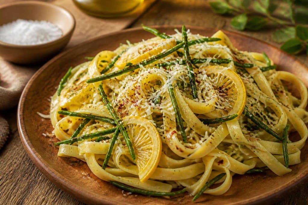 Tagliatelles à la salicorne, citron confit et cheddar : recette gourmande