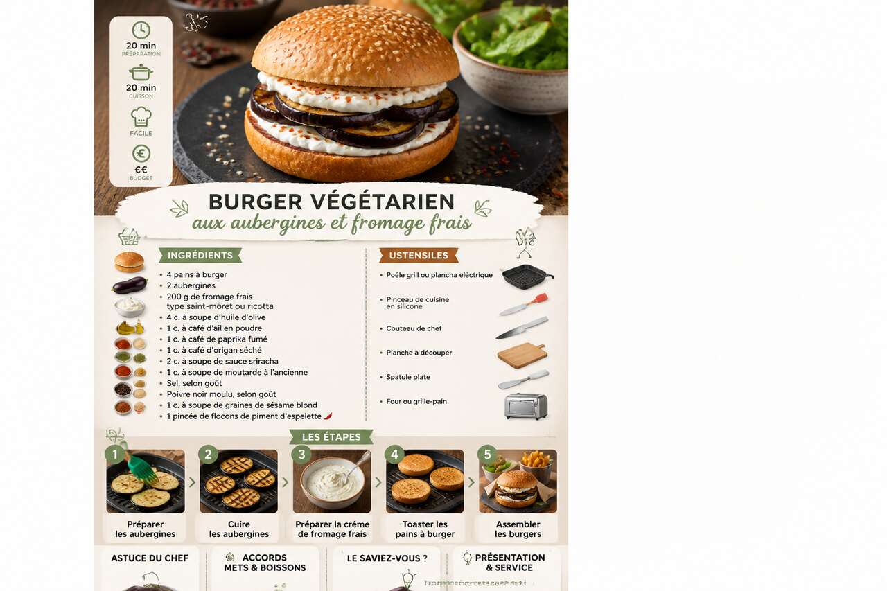 Fiche recette Recette : burger v&eacute;g&eacute;tarien aux aubergines et fromage frais