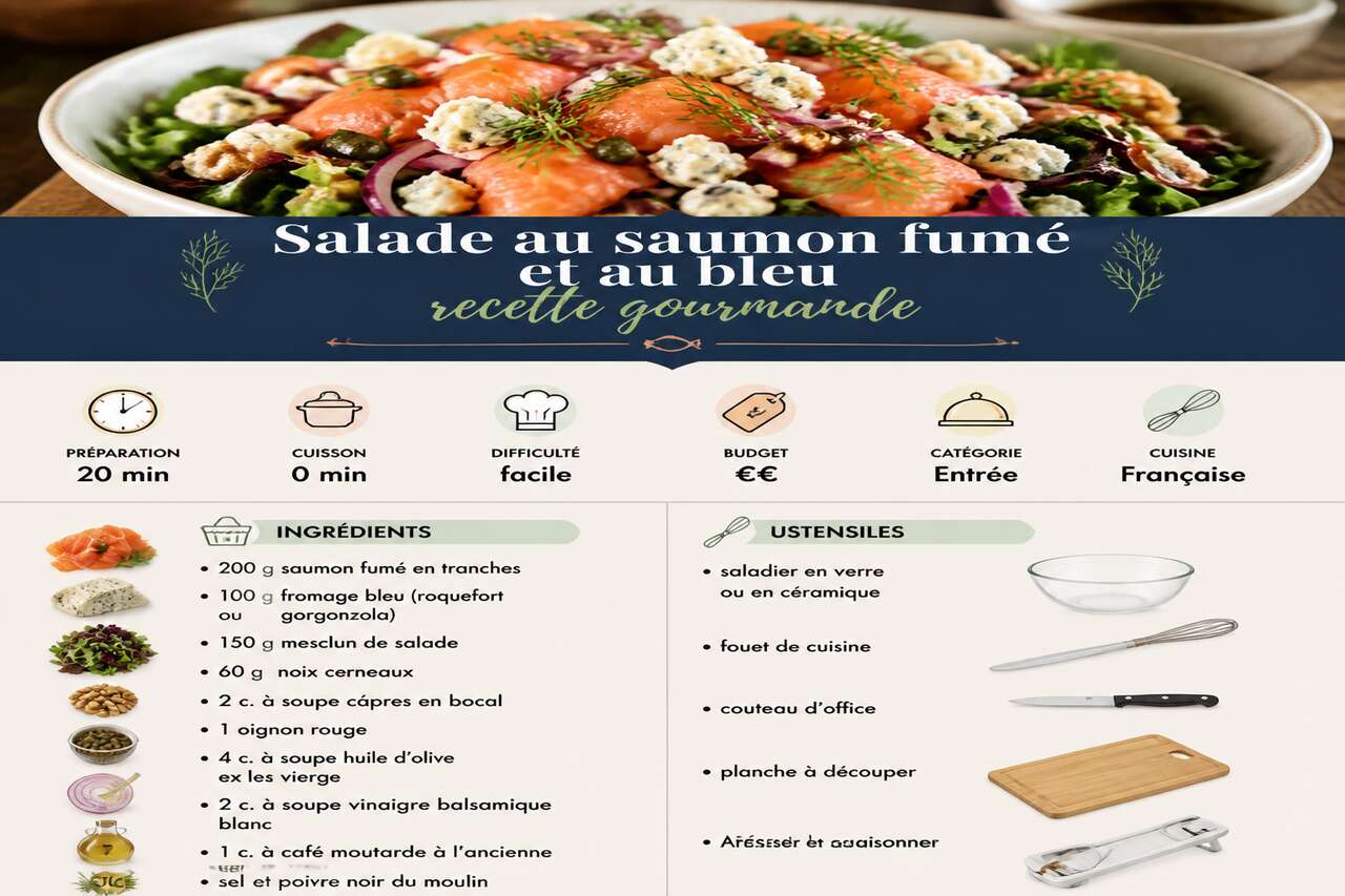 Fiche recette Salade au saumon fum&eacute; et au bleu : recette gourmande