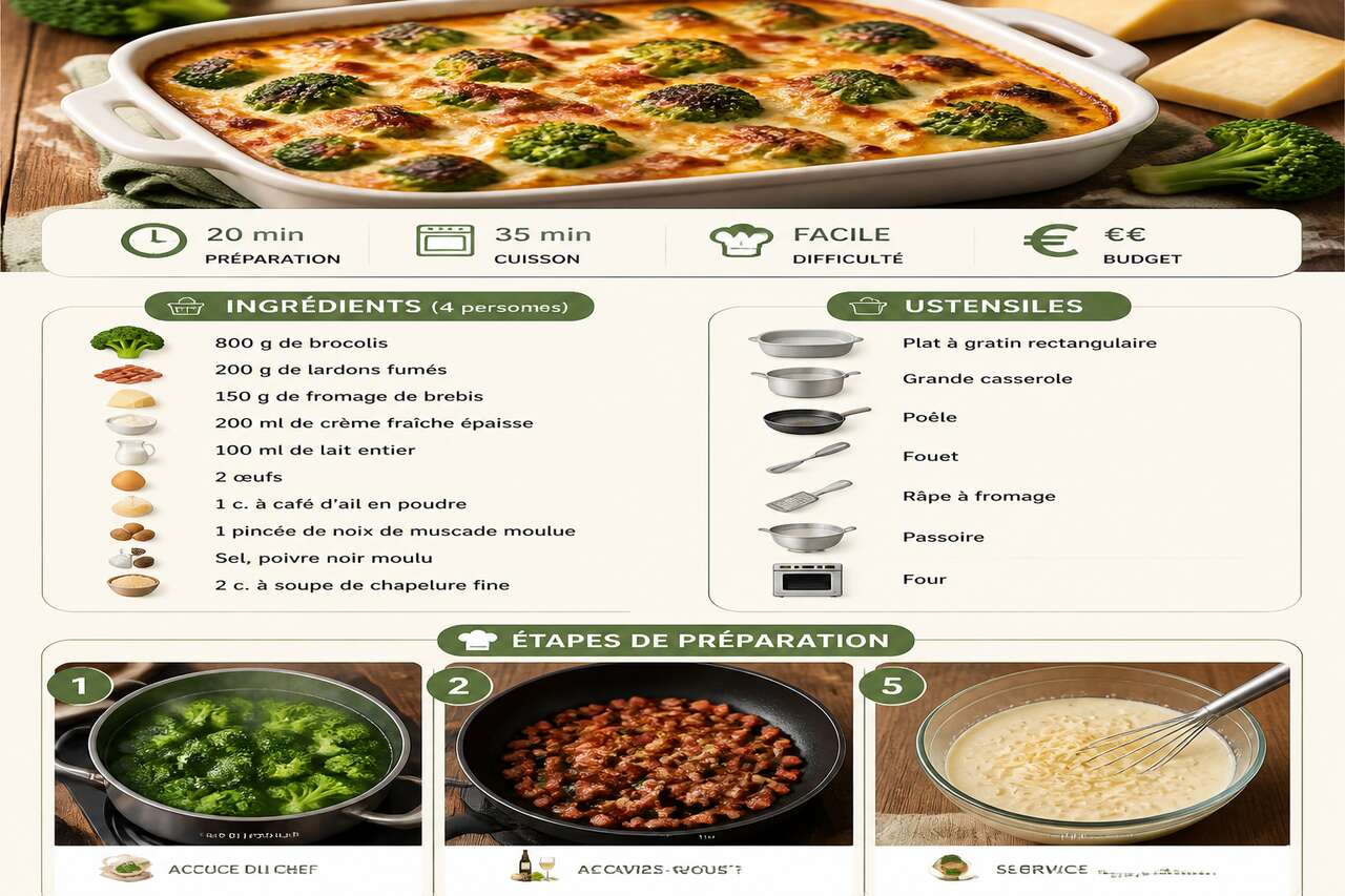 Fiche recette Gratin de brocolis aux lardons et fromage de brebis : la recette gourmande