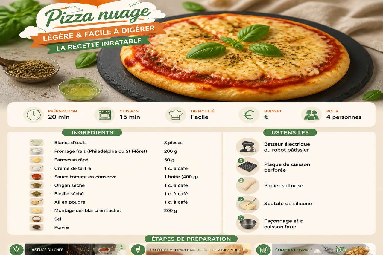 Fiche recette Pizza nuage l&eacute;g&egrave;re et facile &agrave; dig&eacute;rer : la recette inratable