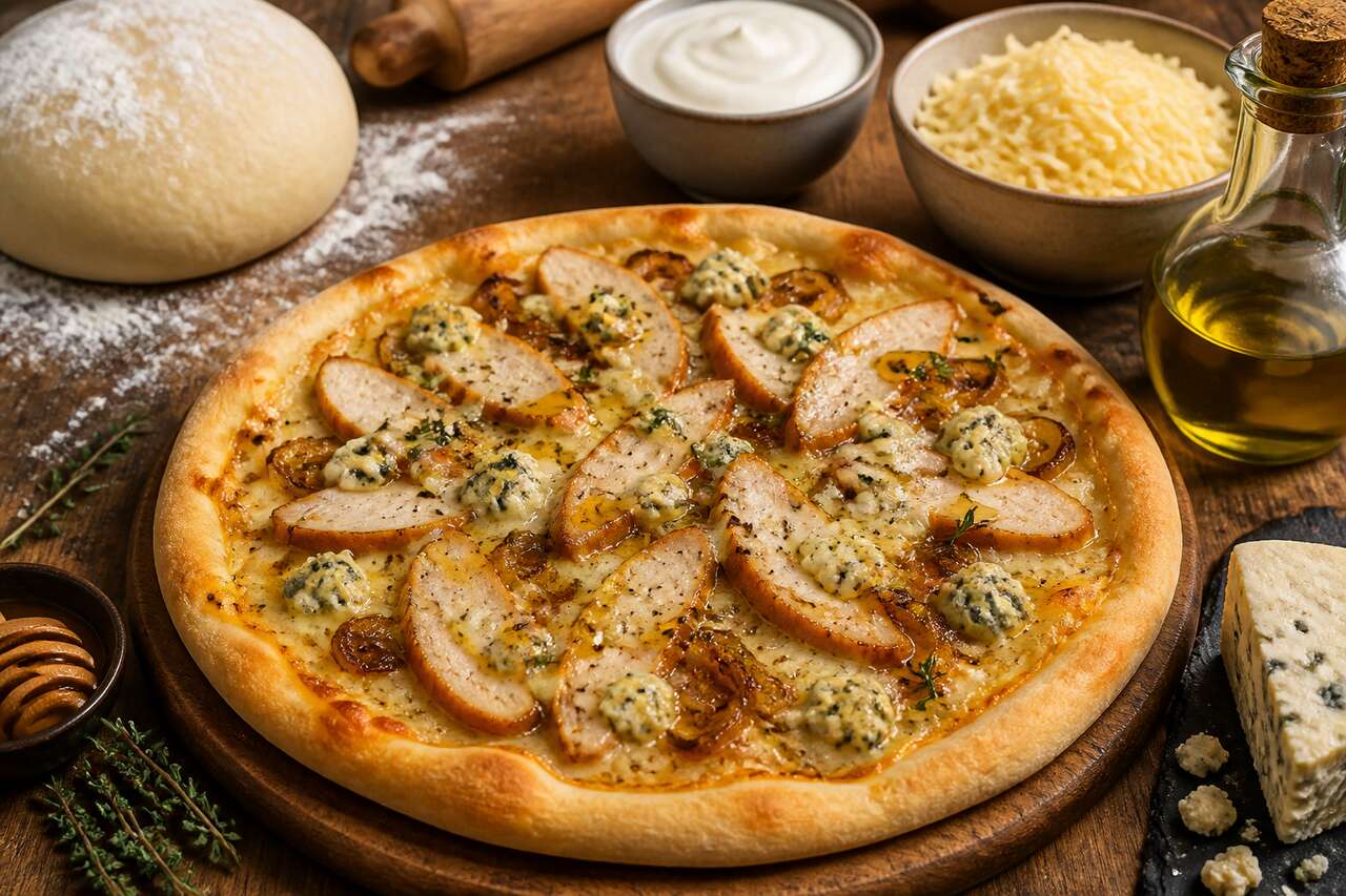 Pizza au bleu, poulet fumé et oignon : recette savoureuse