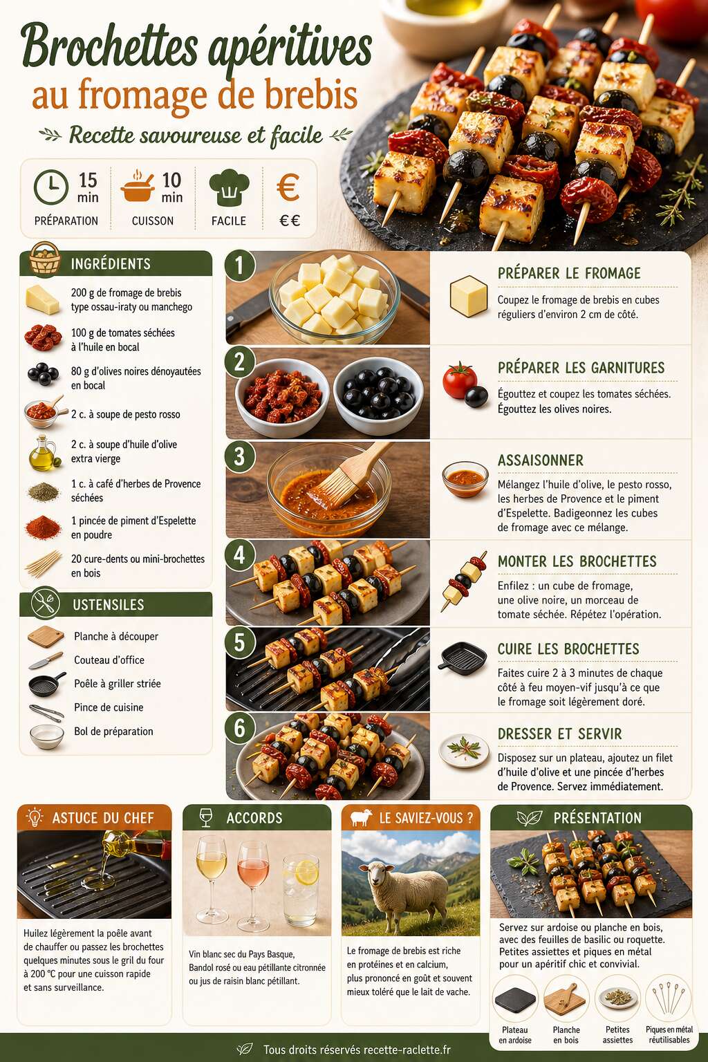 Fiche recette Brochettes ap&eacute;ritives au fromage de brebis : recette savoureuse et facile