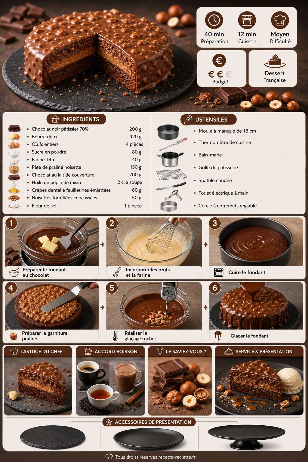 Fiche recette Fondant chocolat pralin&eacute; avec gla&ccedil;age rocher : la recette parfaite