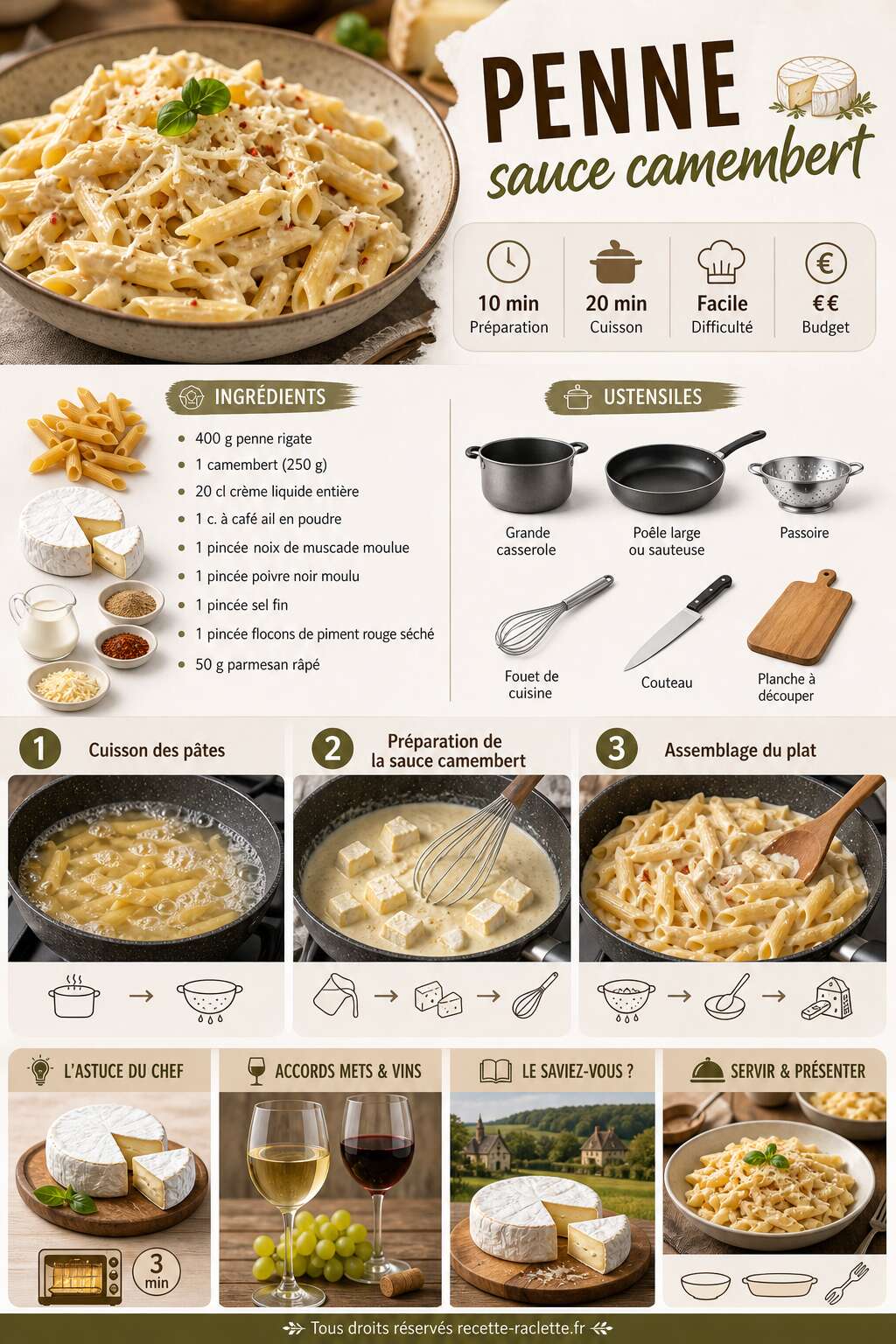 Fiche recette Recette de penne sauce camembert : un délice crémeux Fiche recette Recette de penne sauce camembert : un délice crémeux