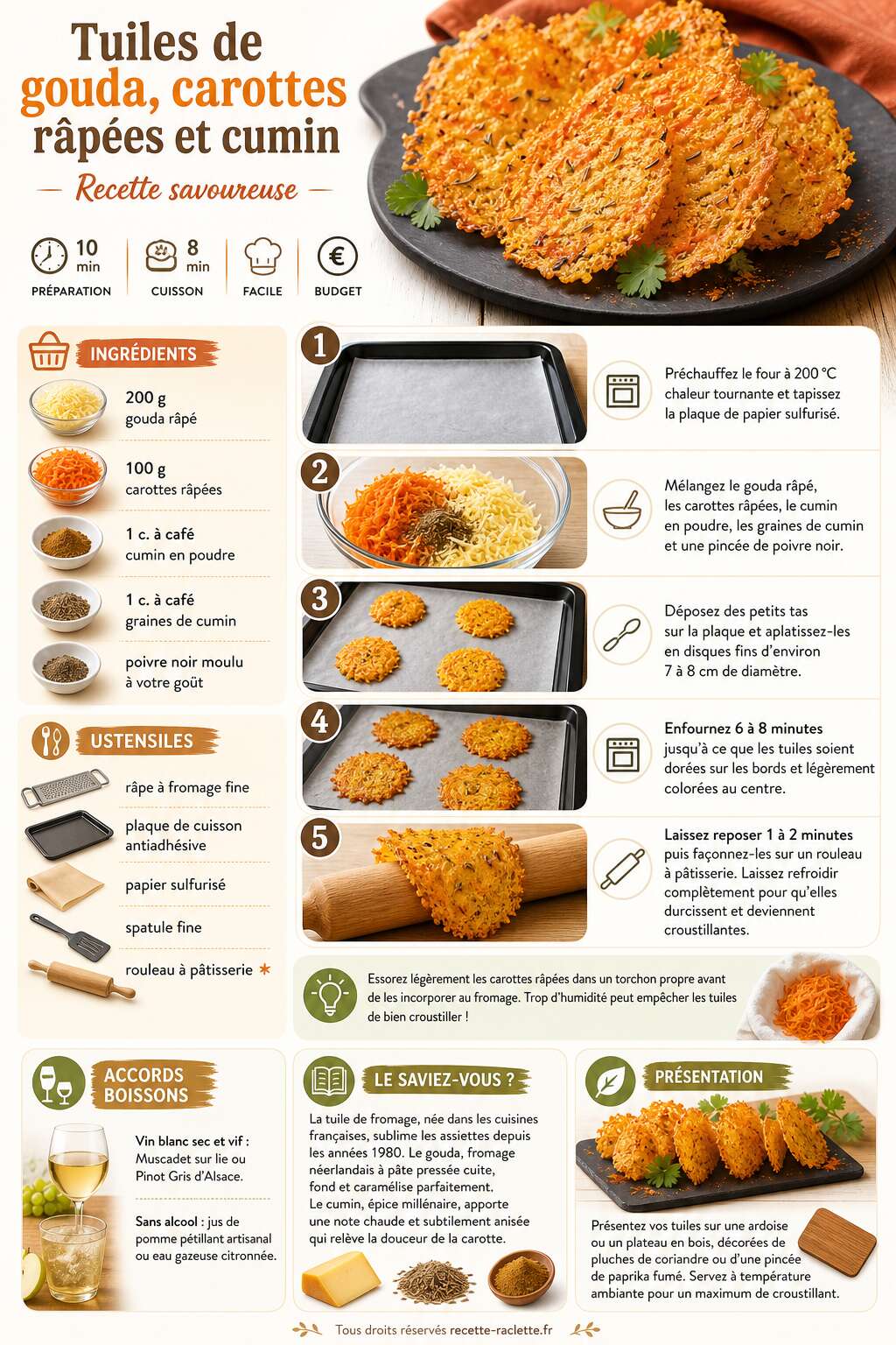 Fiche recette Tuiles de gouda, carottes r&acirc;p&eacute;es et cumin : recette savoureuse