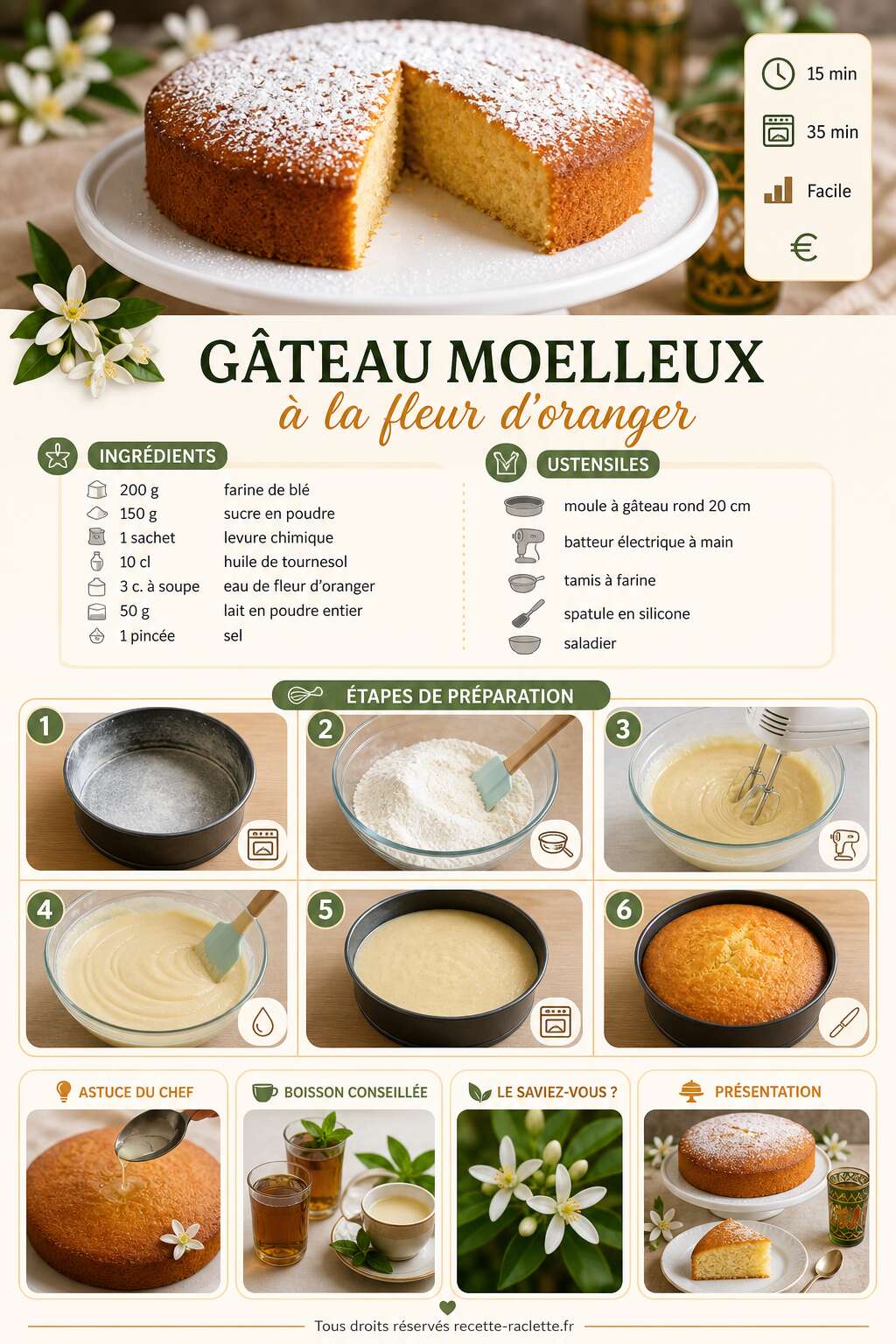 Fiche recette G&acirc;teau moelleux &agrave; la fleur d'oranger : recette facile et d&eacute;licieuse
