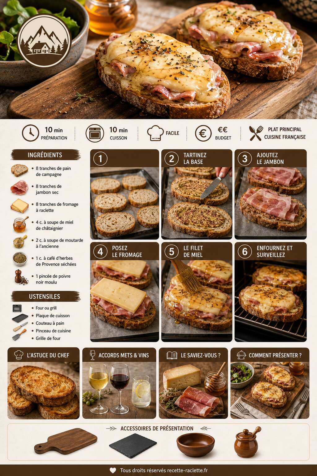 Fiche recette Tartines campagnardes au fromage, jambon et miel : d&eacute;licieuse recette