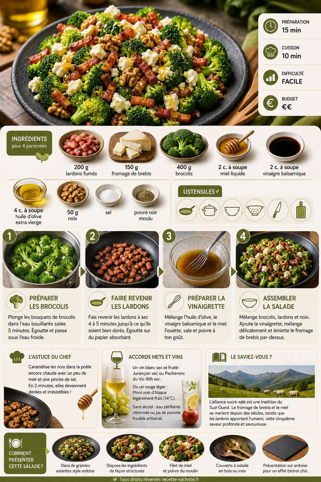 Fiche recette Salade sucrée-salée : lardons, fromage de brebis et brocolis Fiche recette Salade sucrée-salée : lardons, fromage de brebis et brocolis