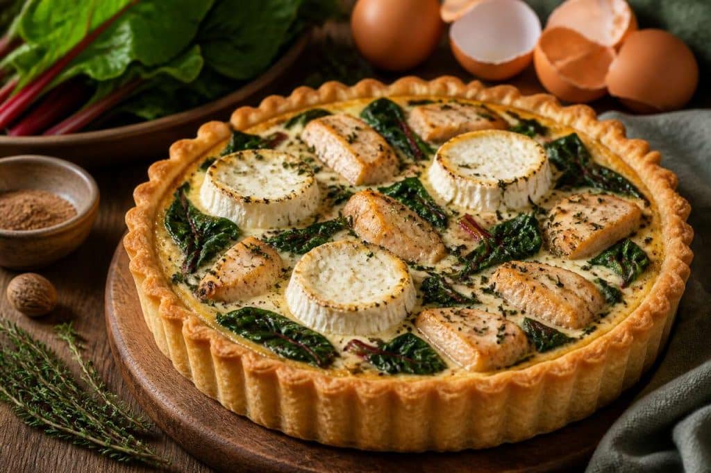 Quiche au poulet, chèvre frais et blettes : recette savoureuse