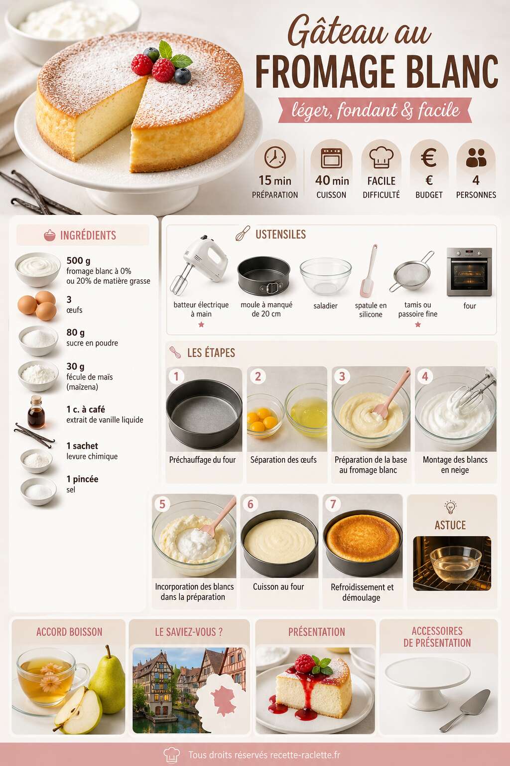 Fiche recette Gâteau au fromage blanc léger : recette facile et gourmande Fiche recette Gâteau au fromage blanc léger : recette facile et gourmande