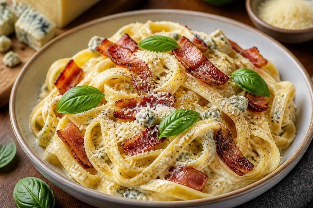 Pâtes fraîches à la sauce au bleu façon carbonara : la recette savoureuse