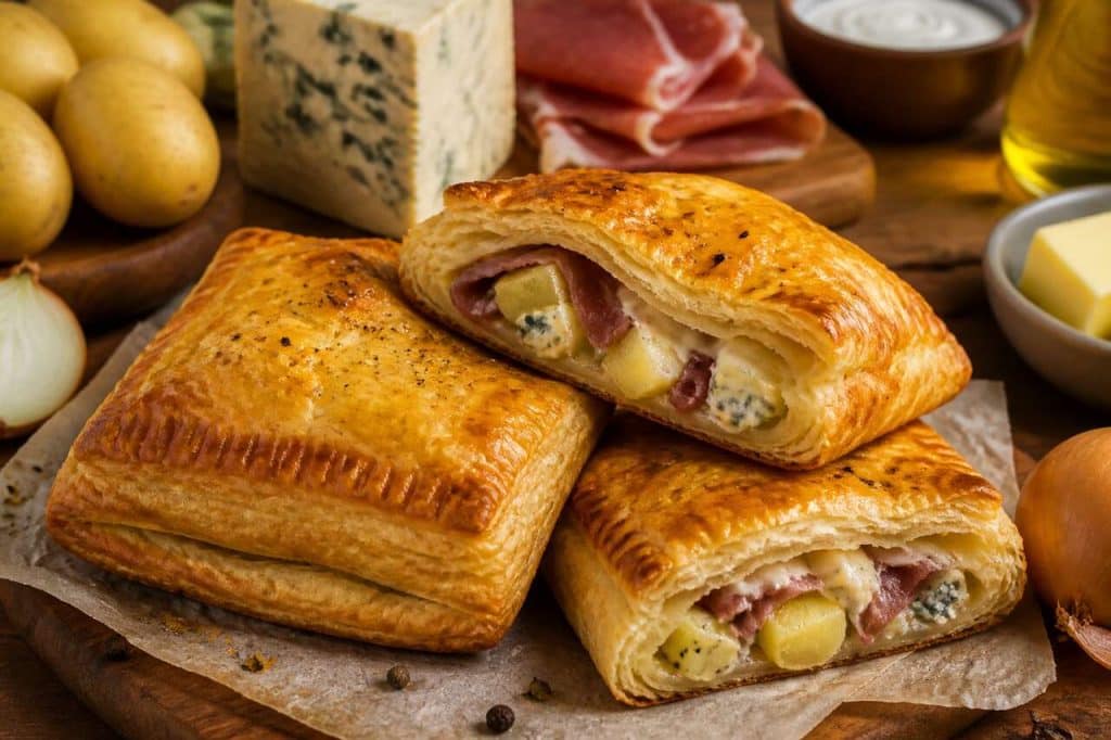 Feuilletés au bleu, pomme de terre, oignon et jambon cru : recette savoureuse