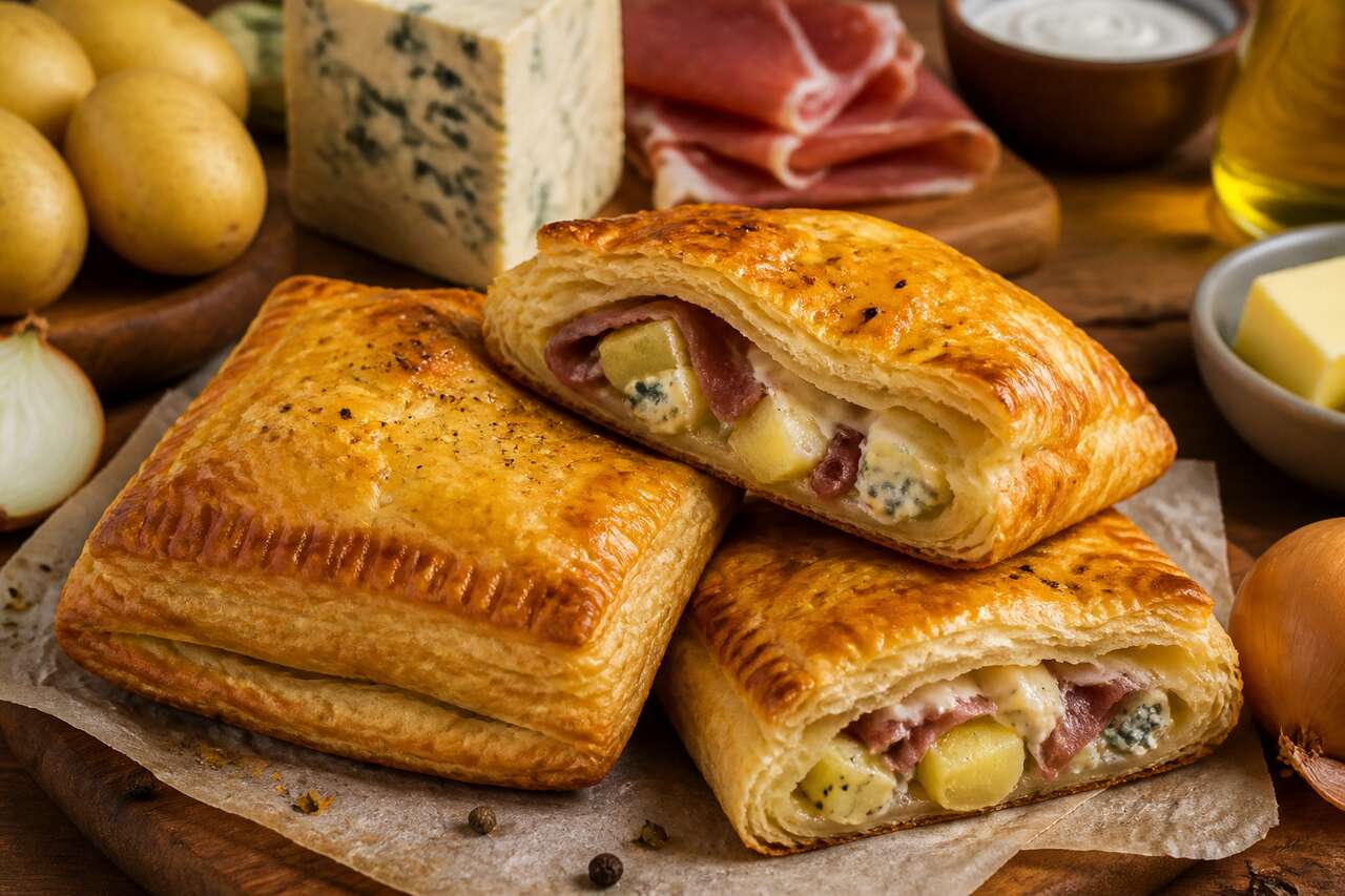Feuilletés au bleu, pomme de terre, oignon et jambon cru : recette savoureuse