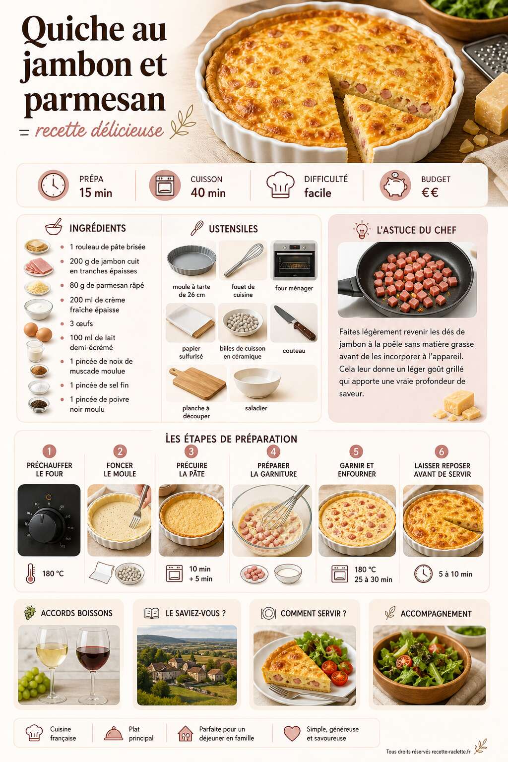 Fiche recette Quiche au jambon et parmesan : recette délicieuse Fiche recette Quiche au jambon et parmesan : recette délicieuse