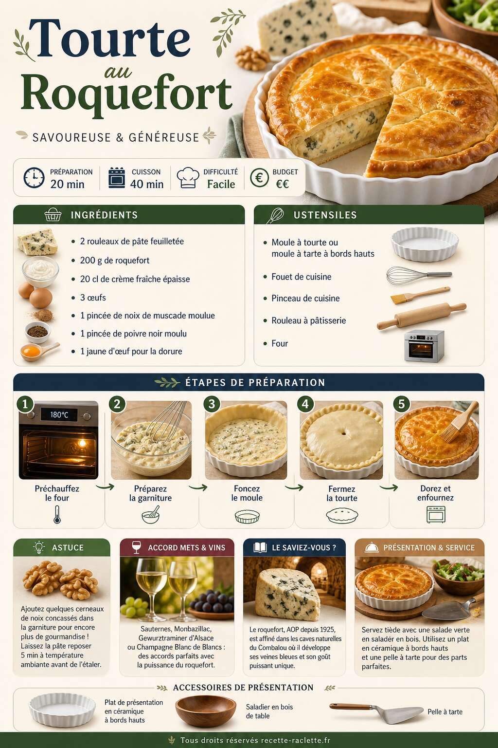 Fiche recette Recette de tourte au roquefort savoureuse Fiche recette Recette de tourte au roquefort savoureuse