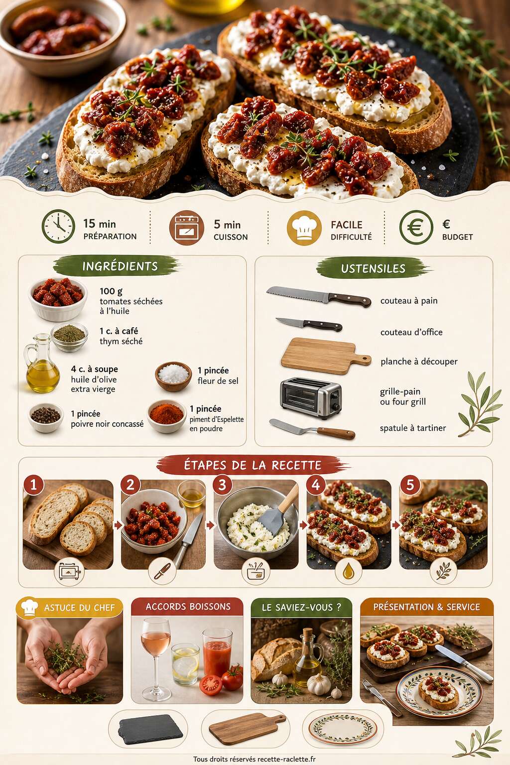 Fiche recette Tartine de fromage frais, tomates séchées et thym : recette savoureuse Fiche recette Tartine de fromage frais, tomates séchées et thym : recette savoureuse
