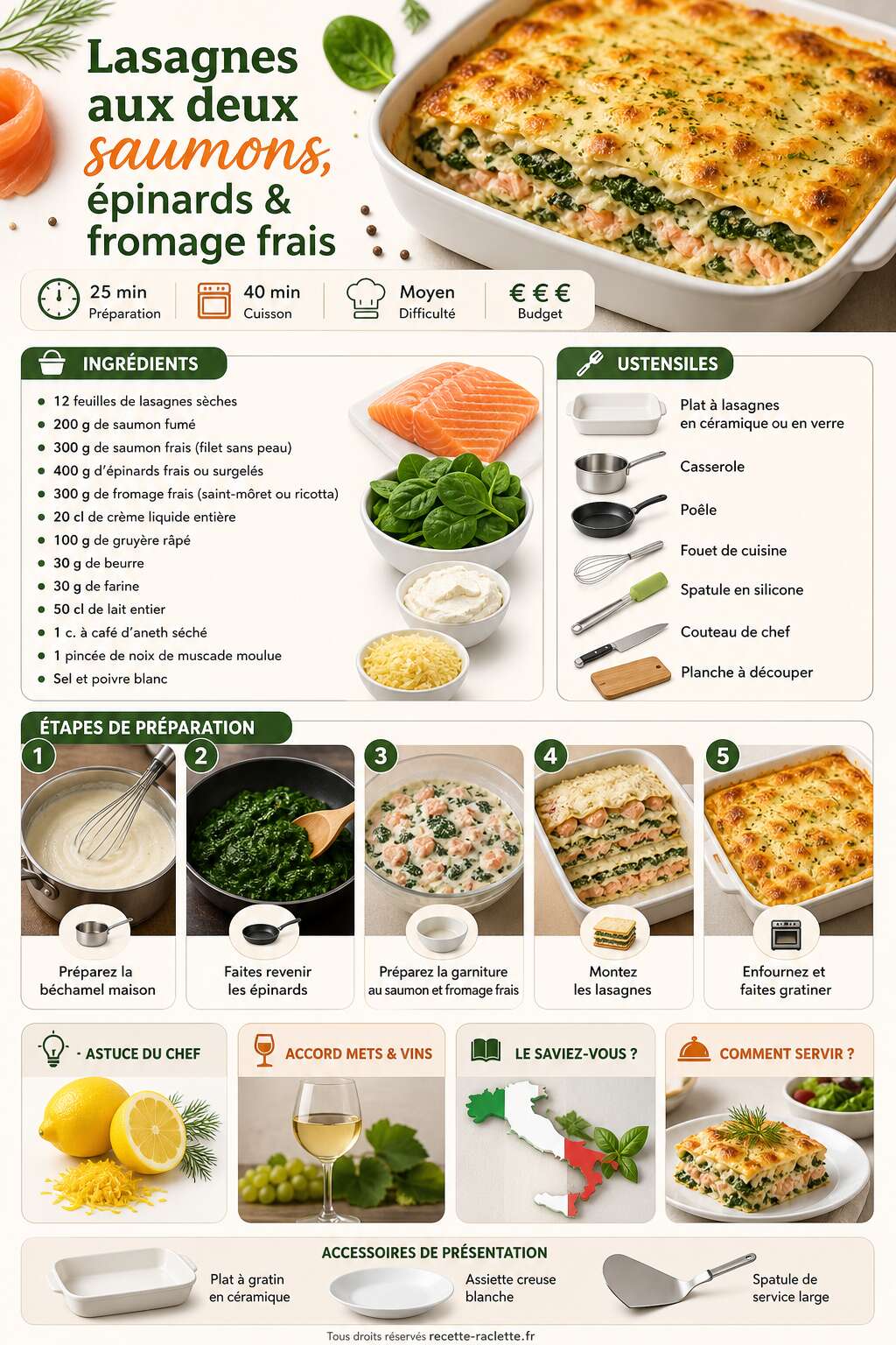 Fiche recette Lasagnes aux deux saumons, épinards et fromage frais : recette gourmande Fiche recette Lasagnes aux deux saumons, épinards et fromage frais : recette gourmande