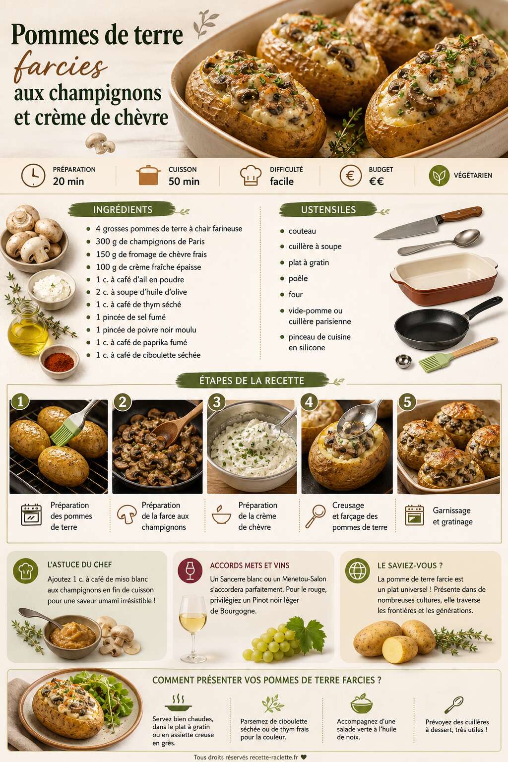 Fiche recette Pommes de terre farcies aux champignons et crème de chèvre Fiche recette Pommes de terre farcies aux champignons et crème de chèvre