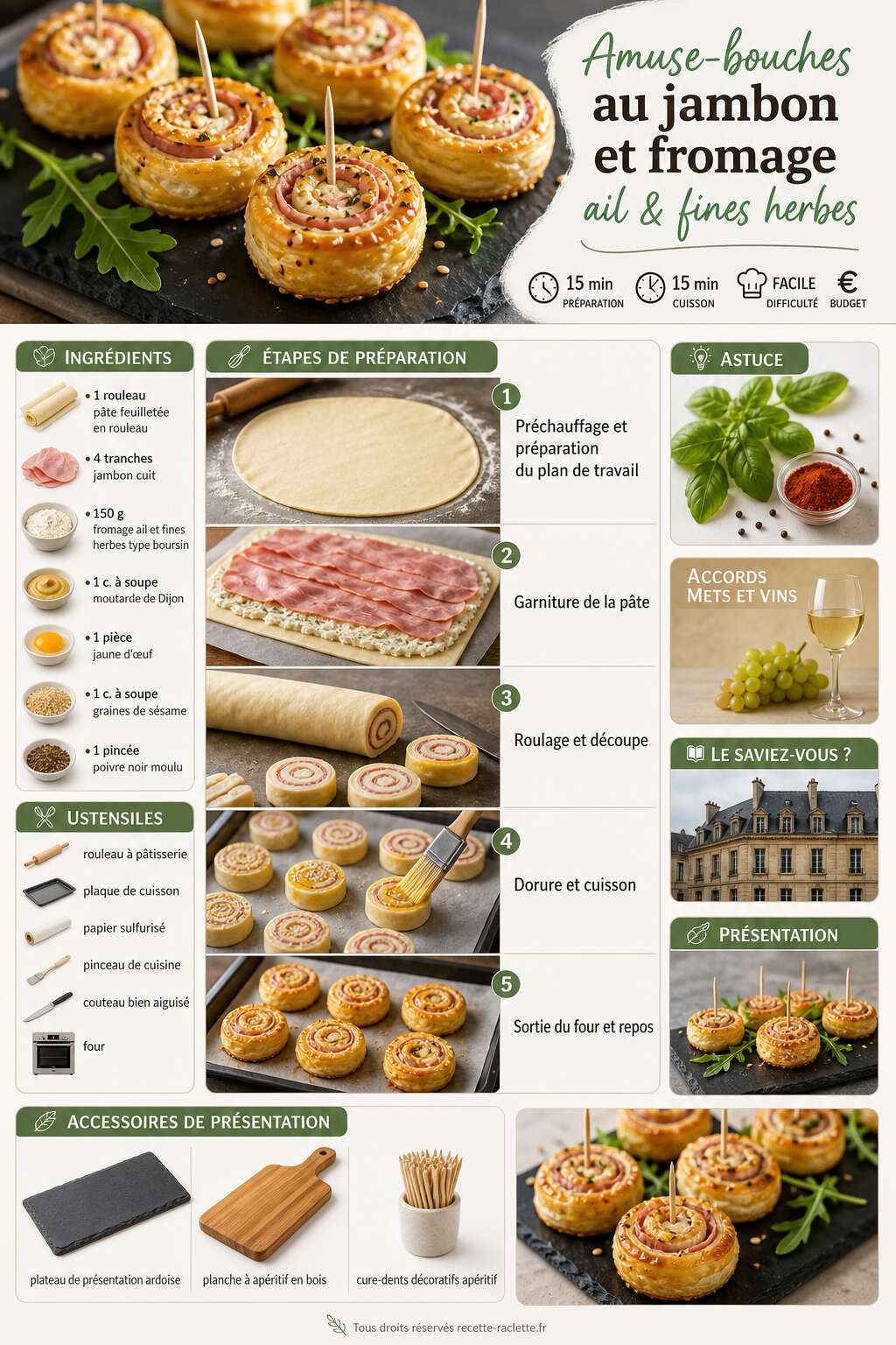 Fiche recette Amuse-bouches au jambon et fromage ail & fines herbes Fiche recette Amuse-bouches au jambon et fromage ail & fines herbes