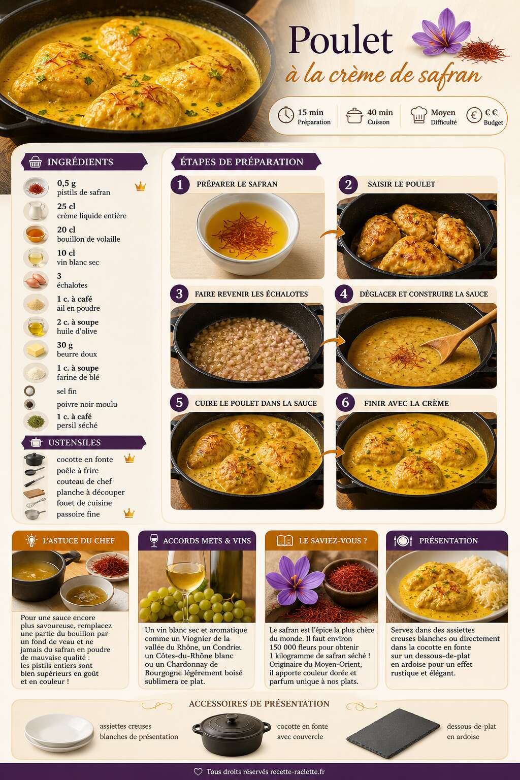Fiche recette Poulet à la crème de safran : recette savoureuse et raffinée Fiche recette Poulet à la crème de safran : recette savoureuse et raffinée