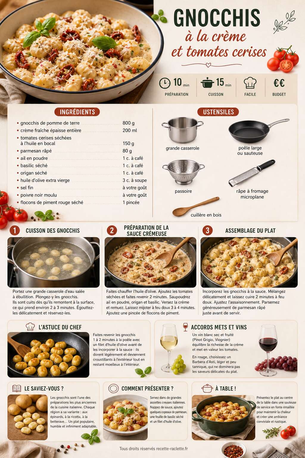 Fiche recette Gnocchis à la crème et tomates cerises : recette savoureuse Fiche recette Gnocchis à la crème et tomates cerises : recette savoureuse