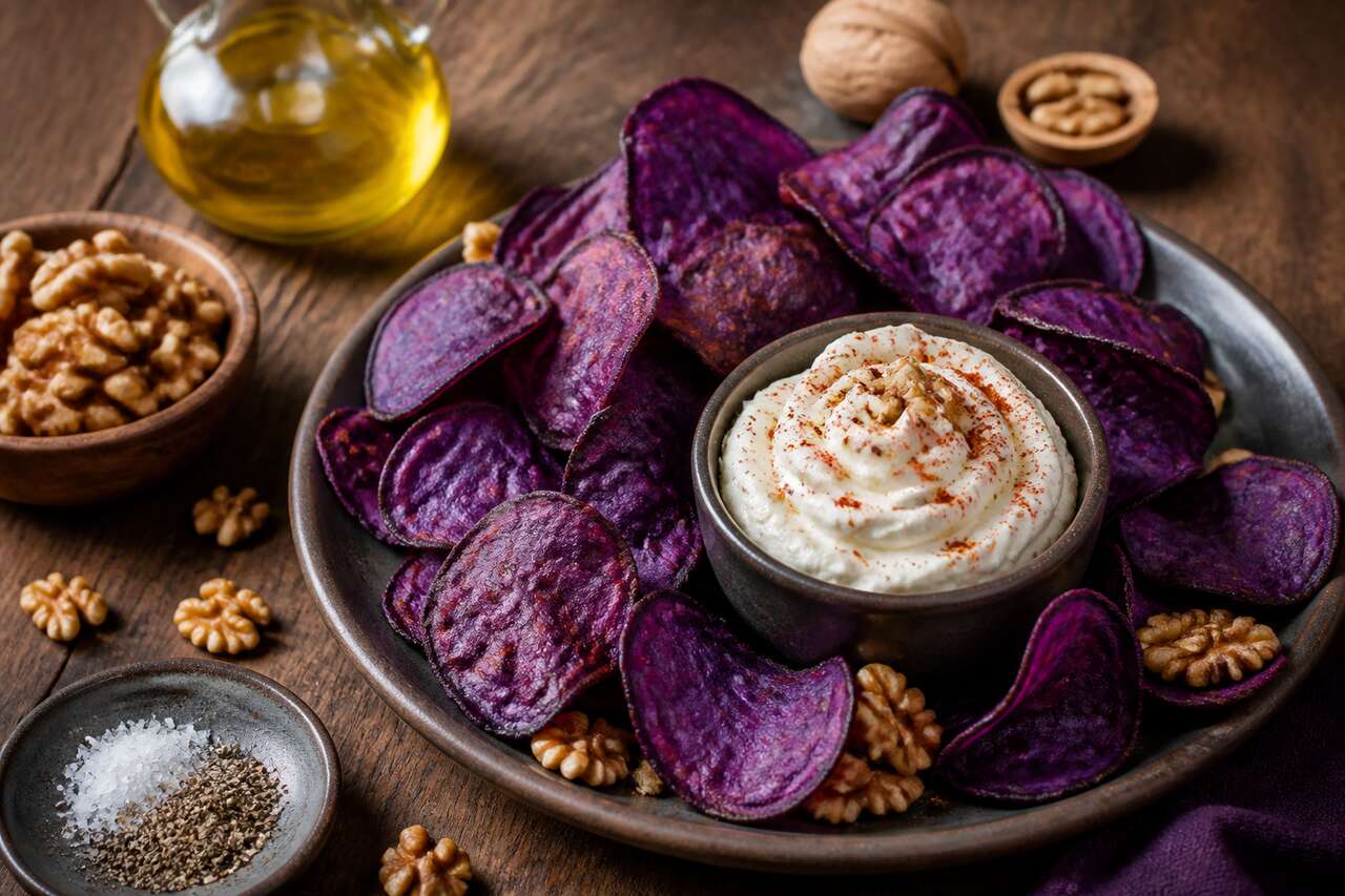 Chips de pomme de terre vitelotte à la chantilly de fromage bleu : recette gourmande