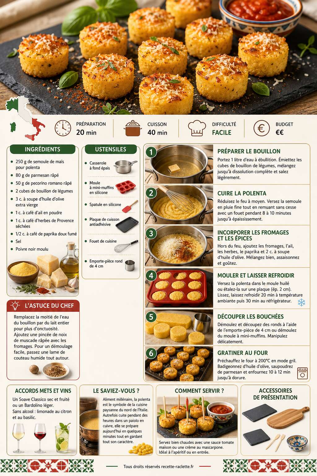 Fiche recette Bouchées de polenta au fromage : saveurs italiennes incomparables Fiche recette Bouchées de polenta au fromage : saveurs italiennes incomparables