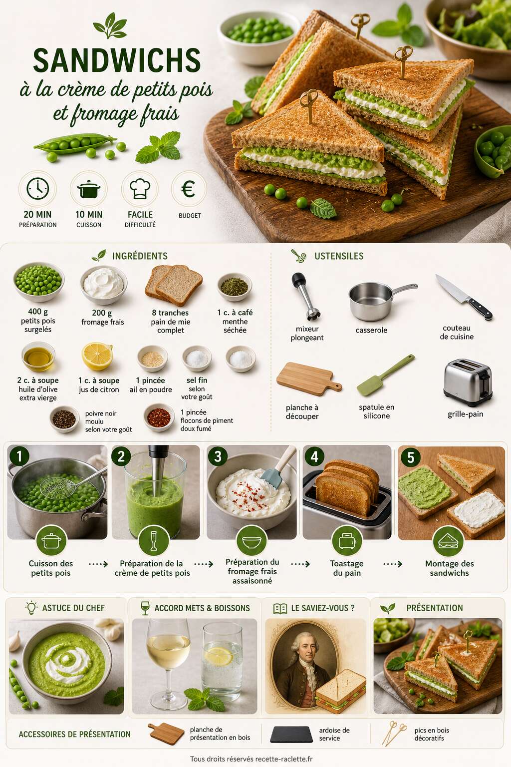 Fiche recette Sandwichs à la crème de petits pois et fromage frais : recette gourmande Fiche recette Sandwichs à la crème de petits pois et fromage frais : recette gourmande