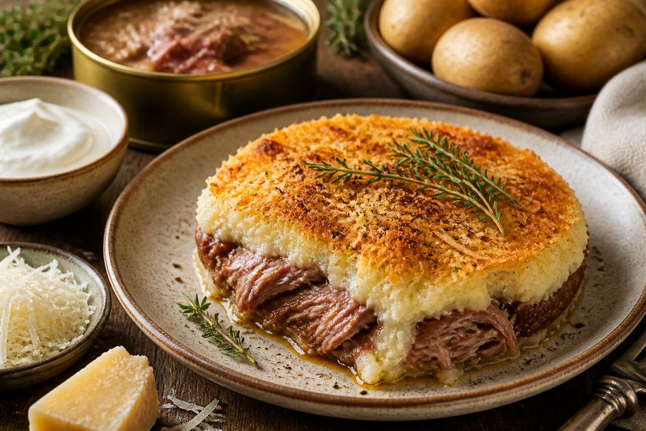 Hachis parmentier au confit de canard et parmesan : recette savoureuse