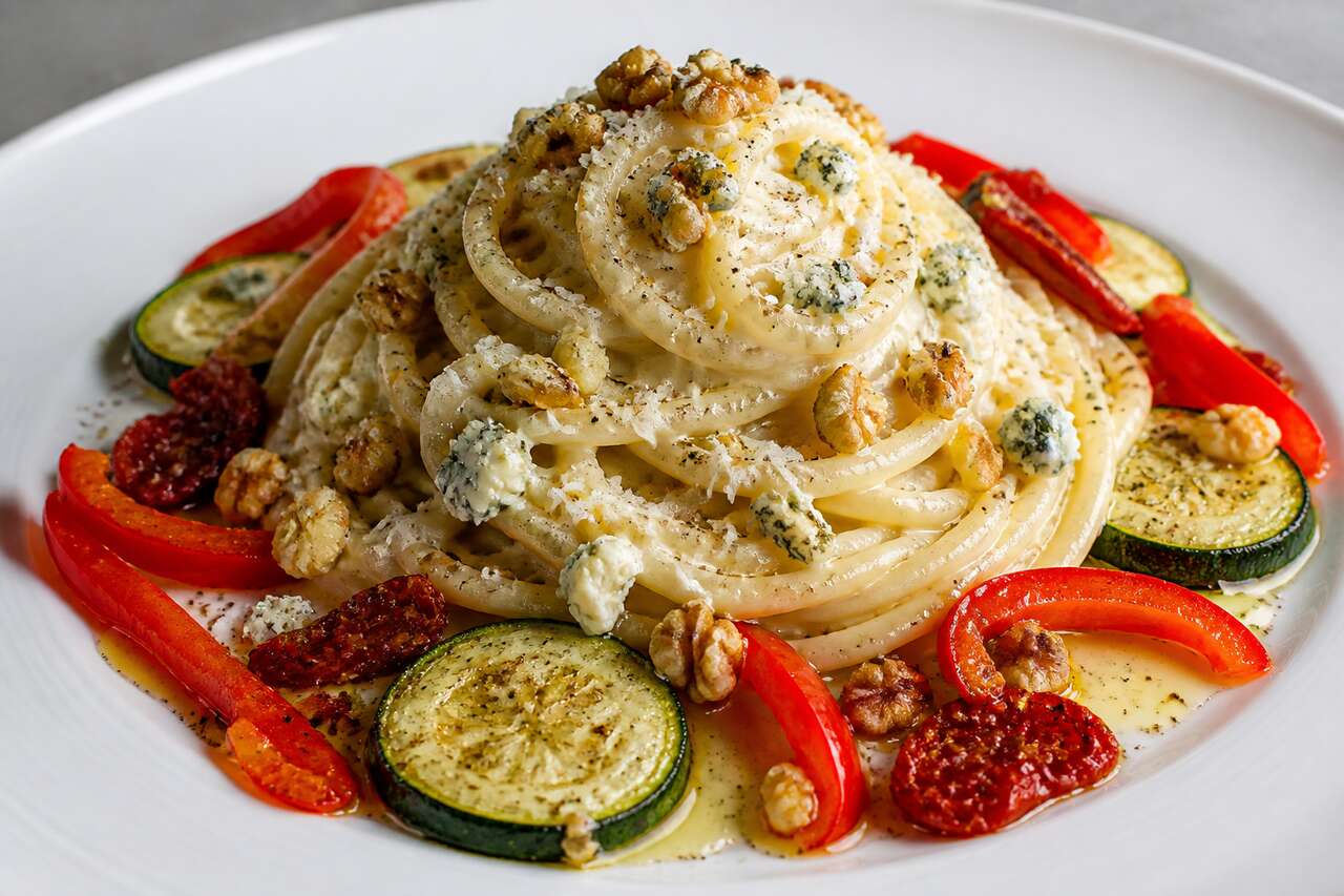 Spaghetti aux légumes et sauce au bleu : recette gourmande