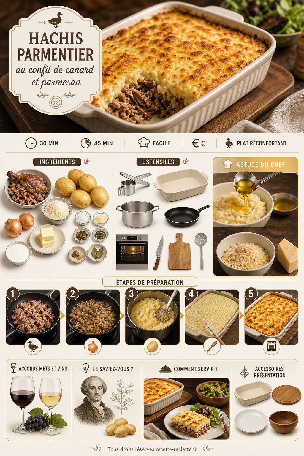 Fiche recette Hachis parmentier au confit de canard et parmesan : recette savoureuse