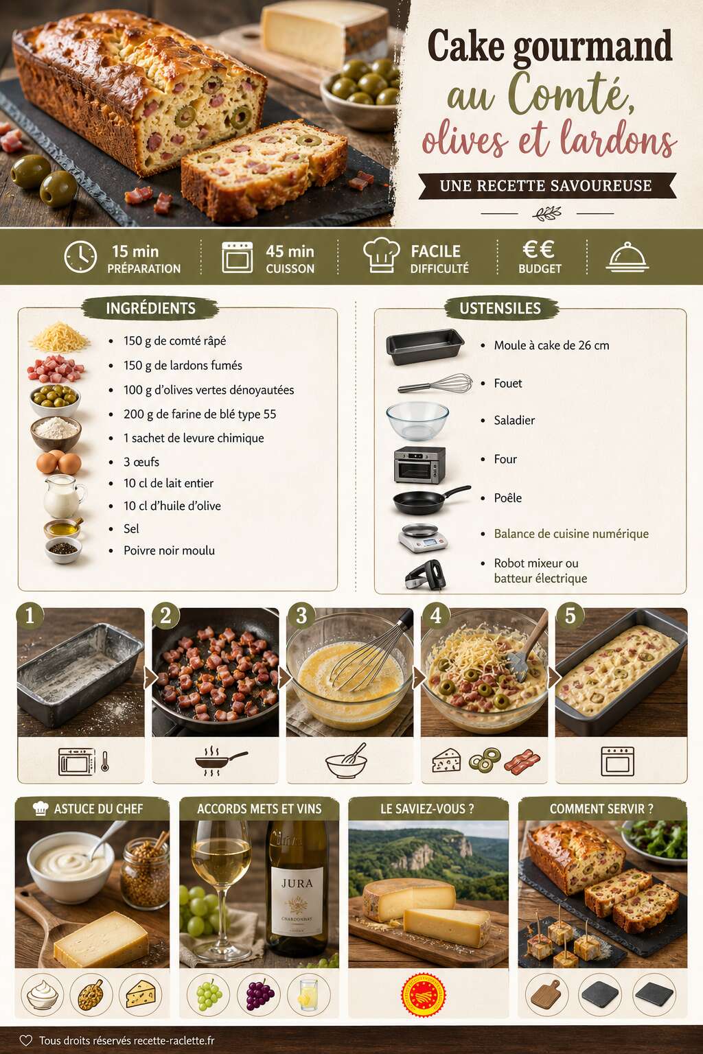 Fiche recette Cake gourmand au Comté, olives et lardons : une recette savoureuse Fiche recette Cake gourmand au Comté, olives et lardons : une recette savoureuse