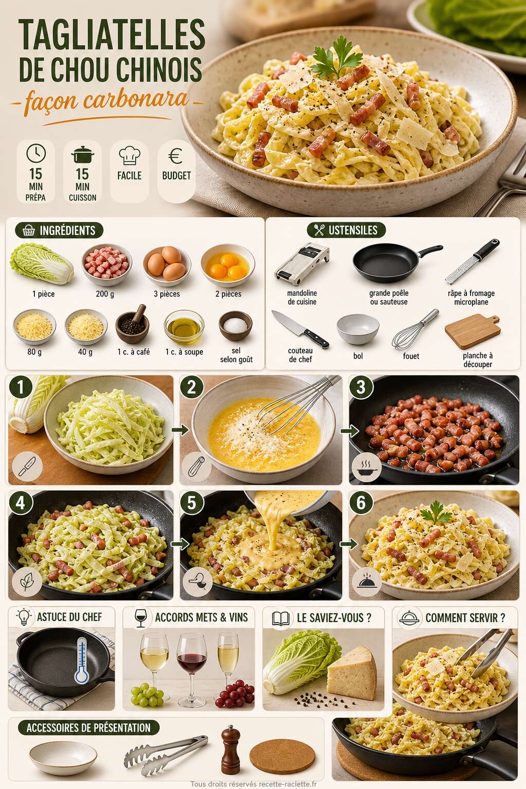 Fiche recette Tagliatelles de choux chinois façon carbonara : recette facile et savoureuse Fiche recette Tagliatelles de choux chinois façon carbonara : recette facile et savoureuse