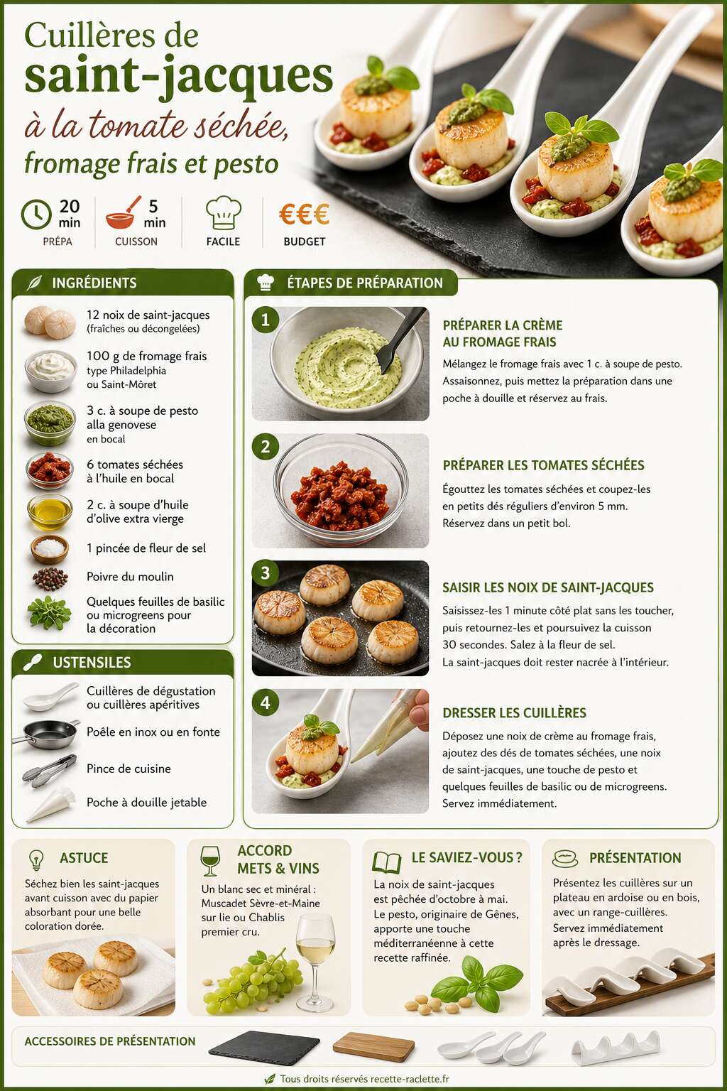 Fiche recette Cuill&egrave;res de saint-jacques &agrave; la tomate s&eacute;ch&eacute;e, fromage frais et pesto