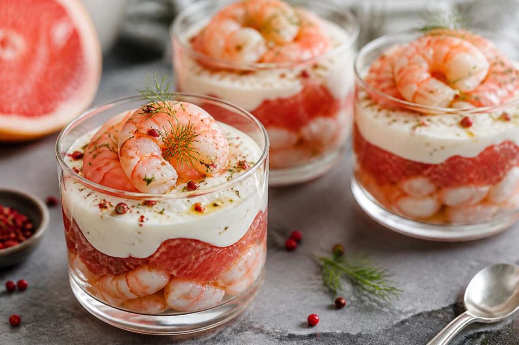 Verrine de crevettes et pamplemousse au chèvre frais