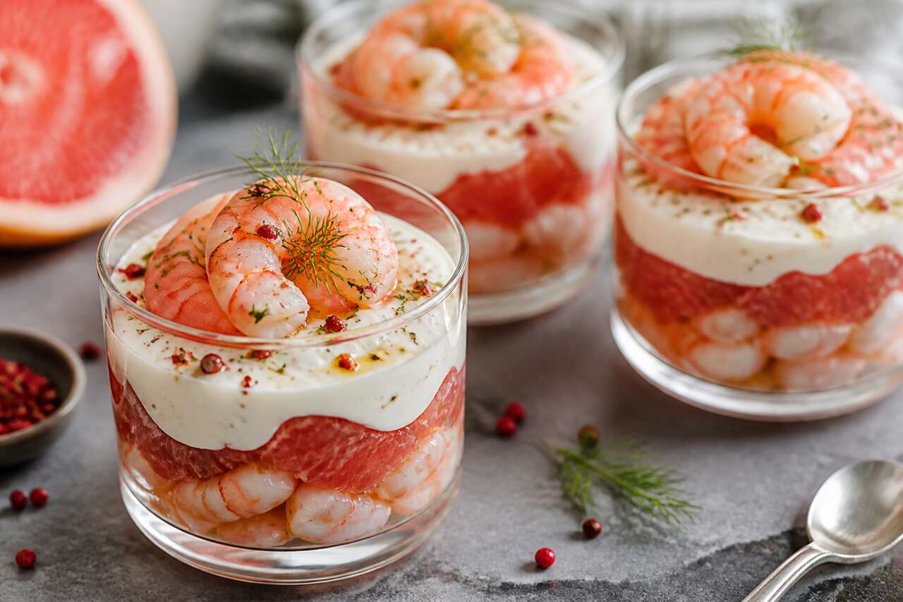 Verrine de crevettes et pamplemousse au chèvre frais