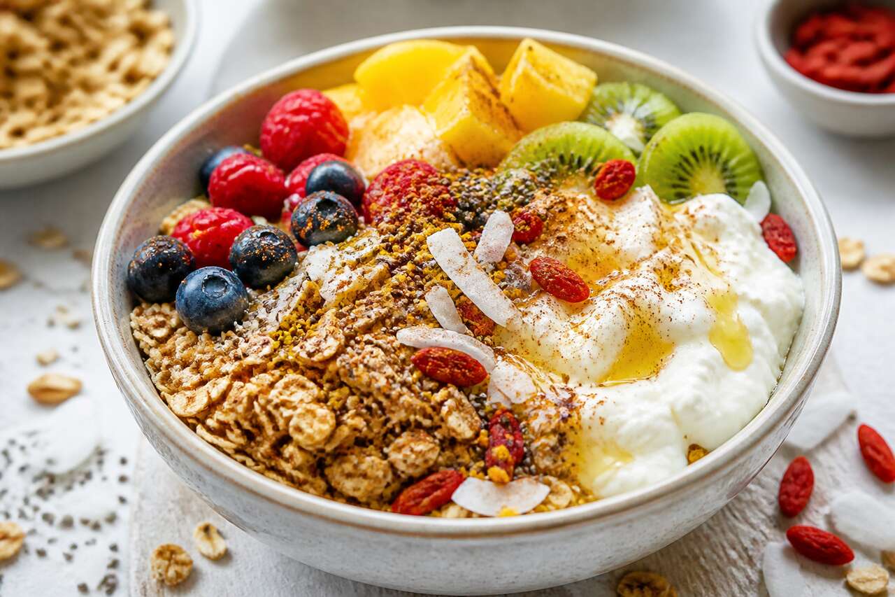 Recette de bol de fruits, céréales et fromage frais