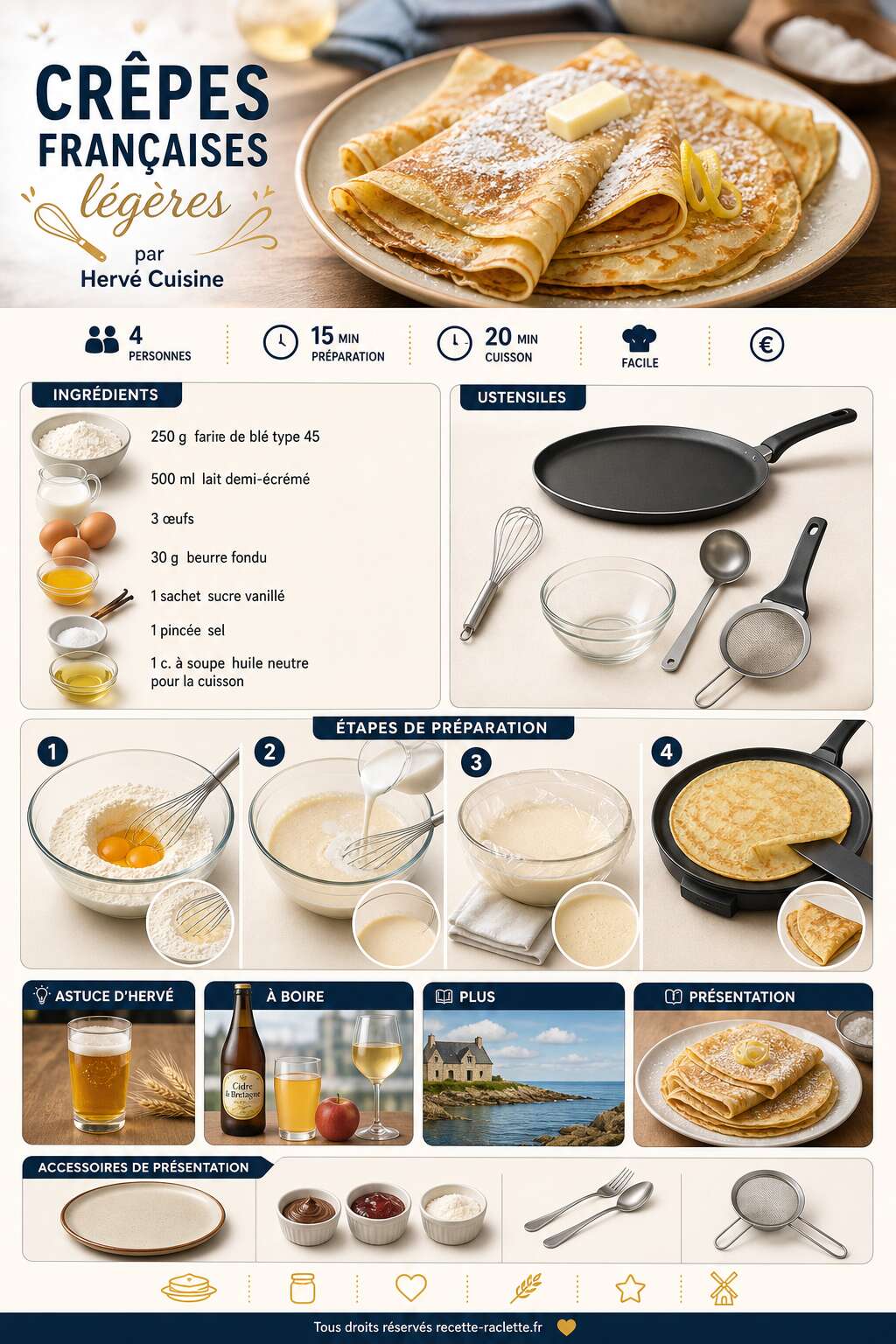 Fiche recette Recette de crêpes françaises légères par Hervé Cuisine Fiche recette Recette de crêpes françaises légères par Hervé Cuisine