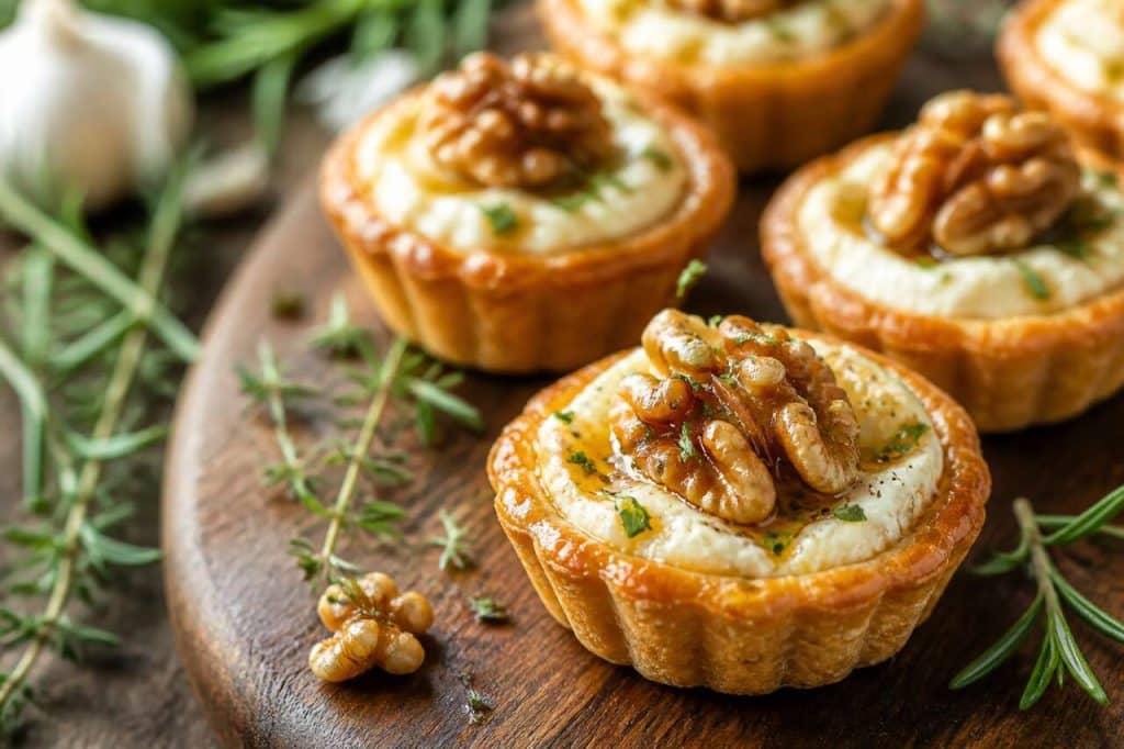 Mini-tartelettes au fromage frais, ail, fines herbes et noix au miel