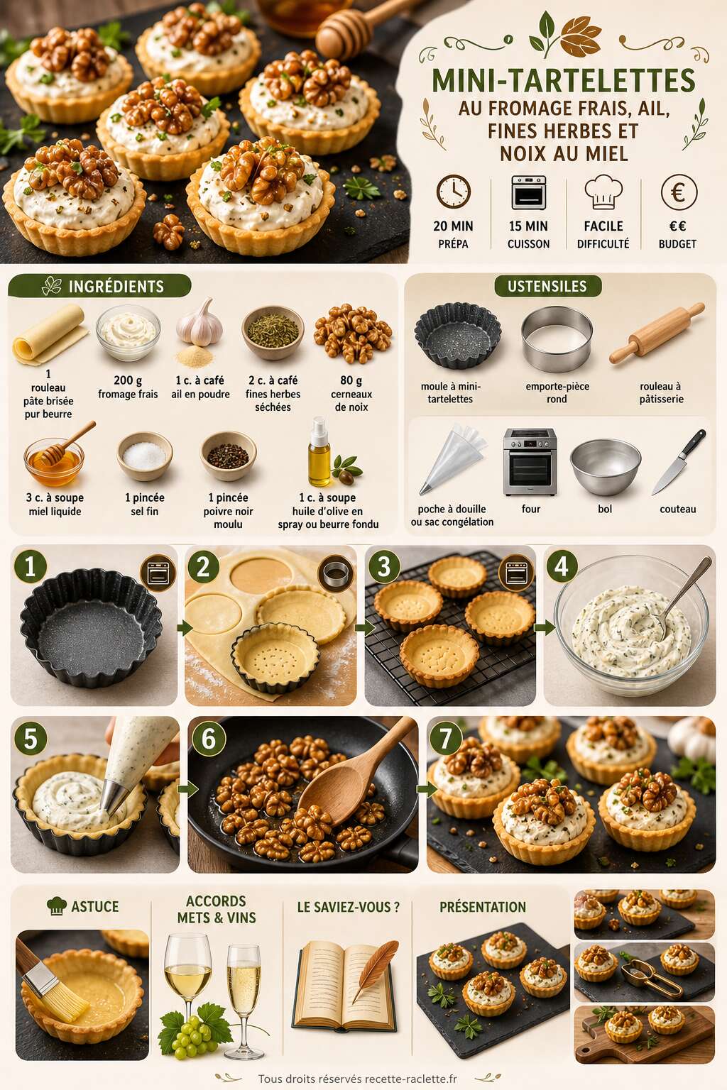 Fiche recette Mini-tartelettes au fromage frais, ail, fines herbes et noix au miel