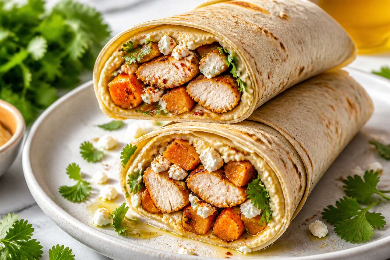 Wrap de poulet, houmous, courge et fromage : recette savoureuse