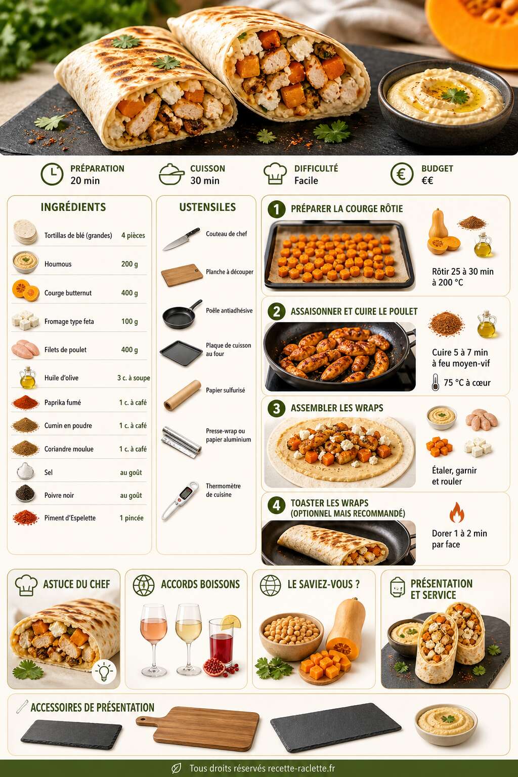 Fiche recette Wrap de poulet, houmous, courge et fromage : recette savoureuse Fiche recette Wrap de poulet, houmous, courge et fromage : recette savoureuse