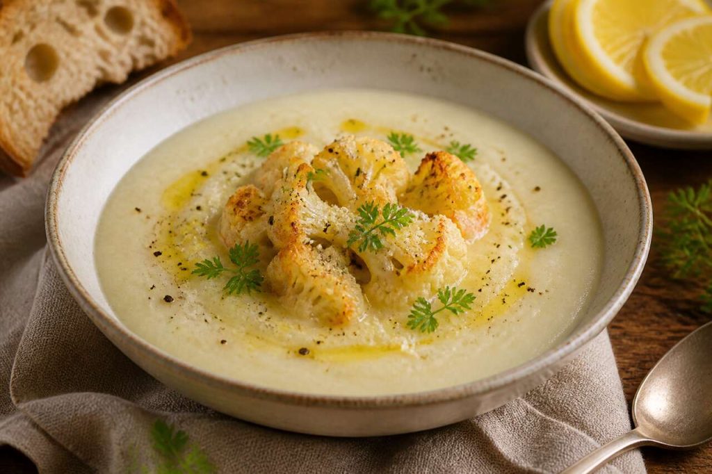 Velouté de chou-fleur au citron : recette fromage et cerfeuil