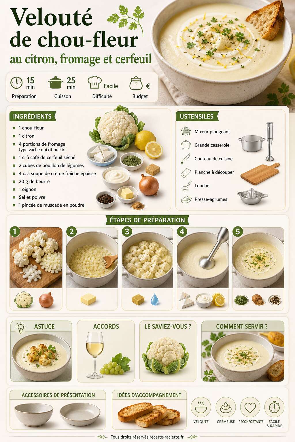 Fiche recette Velout&eacute; de chou-fleur au citron : recette fromage et cerfeuil
