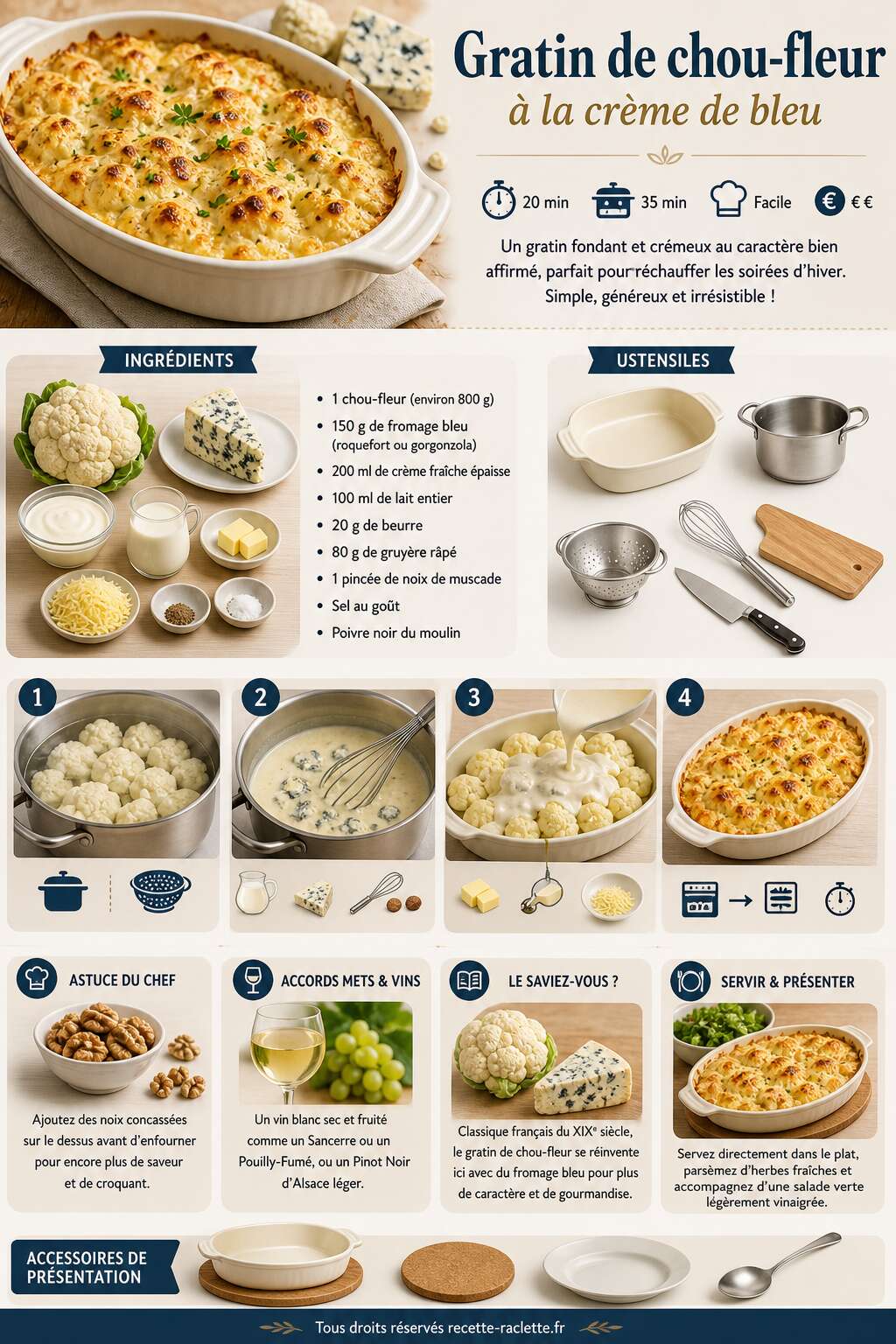 Fiche recette Gratin de chou-fleur &agrave; la cr&egrave;me de bleu : recette savoureuse