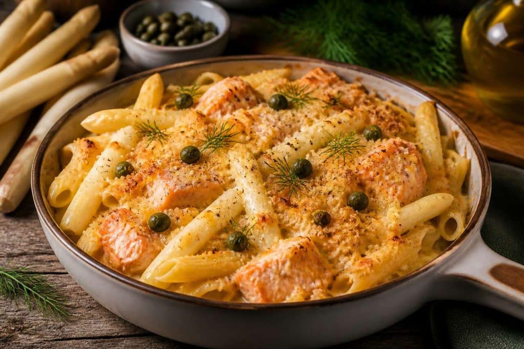Gratin de pâtes micro-ondes : saumon, asperges et parmesan