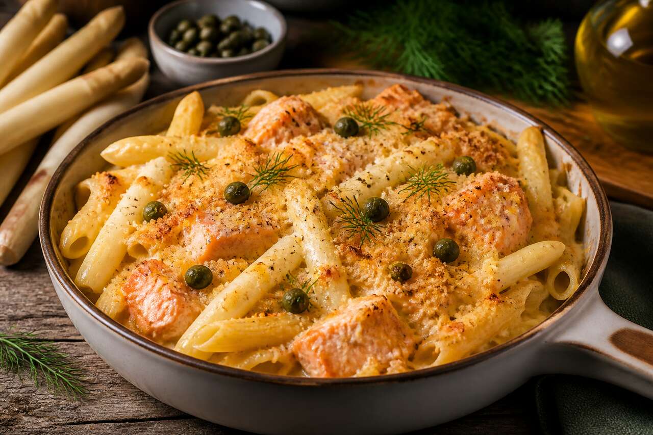 Gratin de pâtes micro-ondes : saumon, asperges et parmesan