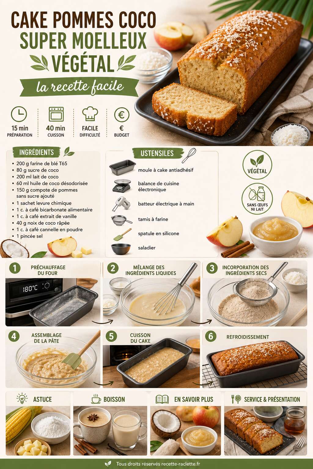 Fiche recette Cake pommes coco super moelleux végétal : la recette facile Fiche recette Cake pommes coco super moelleux végétal : la recette facile